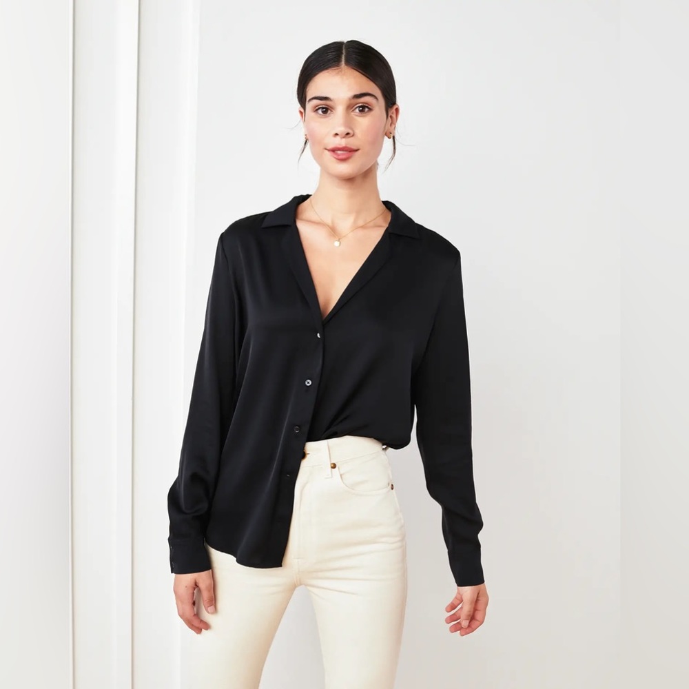 Quince black washable stretch silk notch collar blouse, size M